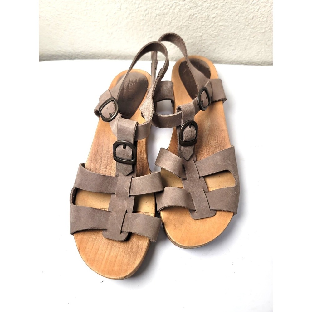 Sanita Wood Sole Leather Gladiator Sandals Womens 38 Taupe Brown Clog Strappy